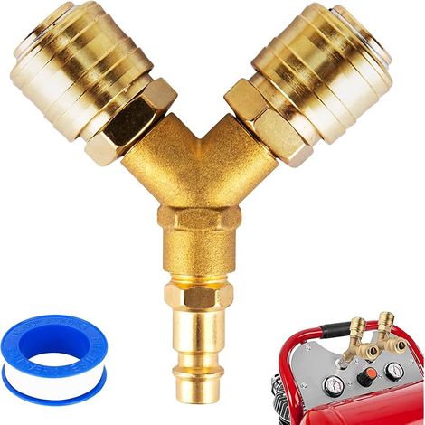 Distributeur d'Air Comprimé 2 Prises avec Raccords en Laiton Y Répartiteur Air2 Aiguillages d'Air Comprimé NW 7,2 1/4 AG Enfichable,Connecteur d'air Comprimé, Interrupteur d'air Comprimé (1/5)
