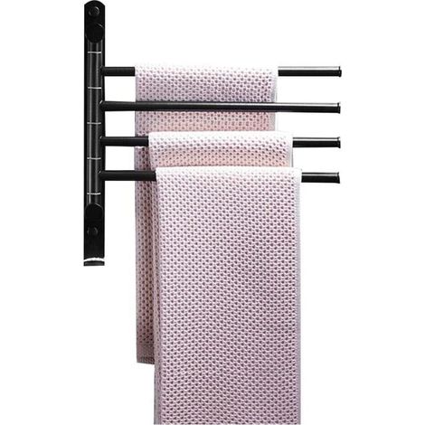 Porte-serviettes de salle de bain, barre porte-serviettes pivotante, porte-serviettes mural à quatre bras avec crochets, noir (1/4)