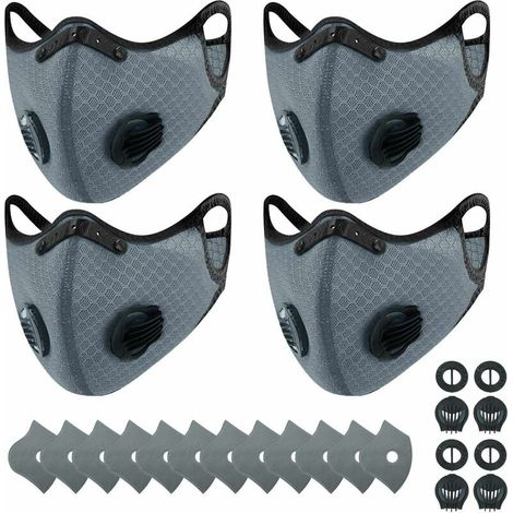 Ulisem 4 Stück Sport-Staubmasken + 12 Stück Aktivkohlefilter, wiederverwendbar, atmungsaktiv, für Outdoor-Aktivitäten, Holzarbeiten, Mähen und Laufen, Radfahren, Grau