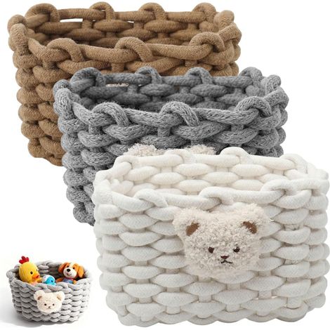 Panier de rangement tressé à motif ours, format compact, lavable en machine, lot de 3, idéal pour la chambre d'enfant et la salle de bain, coloris blanc, marron et gris. (1/5)