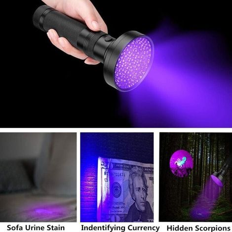 Torcia UV, torcia a luce nera con 100 LED, lampada ultravioletta da 395 nm, rilevatore per trovare marcatori fluorescenti, urina di animali, macchie sui tappeti, cimici dei letti, occhiali protettivi (1/4)