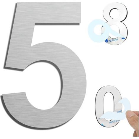 QORVA-Argent (5) Numéro de maison extérieur moderne brossée，75mm Numéro de porte autocollant en acier inoxydable，Plaque de numéro de maison et Numéro de Boite aux Lettres.