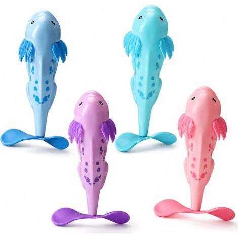 Jeu de piscine Salamander (4 pièces) : figurines aquatiques rotatives bleues, turquoise, lilas et roses, qui remontent du fond à la surface. Jeu de lancer-rapporter et accessoires d'entraînement à la (1/4)