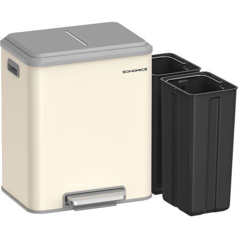 Poubelle de Cuisine, 2 x 15 L Poubelle Double pour le Recyclage et les Déchets Ménagers, Benne à Ordures, Seaux Intérieurs, Acier, Fermeture Douce, Pédale, Beige (1/5)