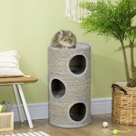 Tour à chat cylindrique à trois niveaux, surface à gratter en corde de sisal, 38 cm x 38 cm x 70 cm, gris clair (1/4)