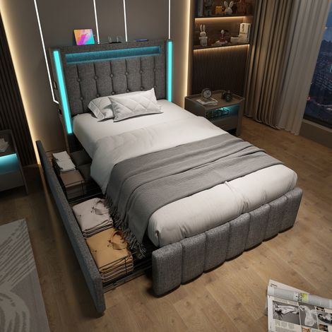 Lit 90x200 cm en lin gris avec USB, Type-C, LED et 2 tiroirs, sommier à lattes inclus (1/5)