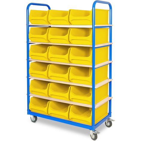 BRB Etagenwagen mit 6 Ebenen, BxTxH 1050x500x1690 mm, bestückt mit 18 Sichtkästen LB2 21,8 Liter, 2 Lenk-/2 Bockrollen (gelb)