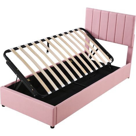 Cama infantil tapizada 90x200 cm con almacenaje hidráulico de lino rosa HOMVRA (1/5)