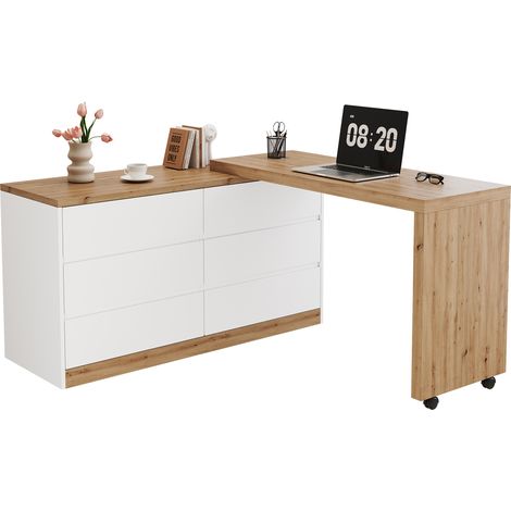 Escritorio esquinero giratorio CHICFURN 120x50 cm blanco y roble, con almacenaje (1/5)