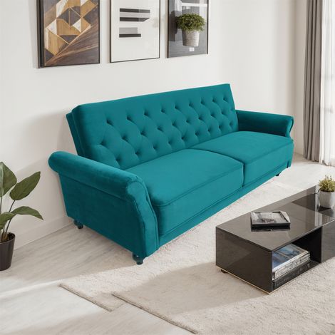 Velvet Sofa Bed 225CM Modern 3 Seat Click Clack Sofa Bed Couch Settee with Arms - Green (1/5)