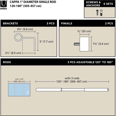 Tringle à rideaux noire brossée 305 cm en acier – Supporte jusqu'à 10 kg – Longueur réglable de 305 à 457 cm – Matériel de montage inclus – Umbra (1/6)