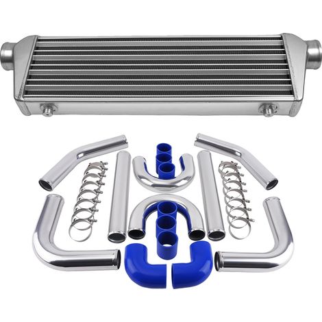 Intercooler, Taille du noyau 21"x7"x2.5", Taille totale 27"x7"x2.5", Diamètre d'entrée/sortie 2.5", Longueur du tuyau 18", Débit d'air maximum 350 Pieds Cubes/Min (1/5)