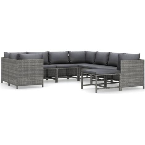 INLIFE Salon de jardin 9 pcs avec coussins Résine tressée Gris (1/5)