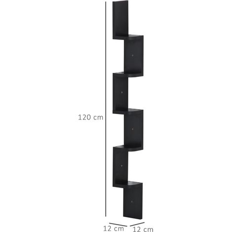 Étagère d'angle Murale à 5 Niveaux Hauteur 120 cm Forme de Zigzag en Bois Noire (1/5)