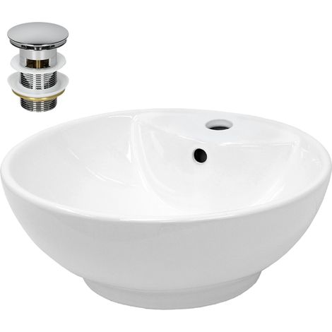 ECD Germany Lavabo de Baño 455x185mm Lavadero de Encimera Redondo de Cerámica Blanco Fregadero de Aseo Cascada Moderno y Elegante Sanitario Sobremesa Lavamanos con Juego de Drenaje con Desbordamiento (1/5)