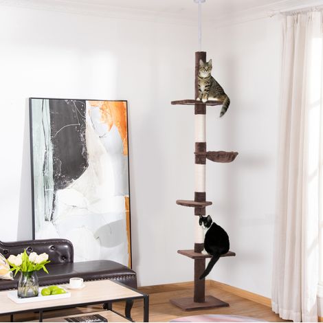 Arbre à chat plafond réglable 230-260 cm, 5 niveaux, sisal, brun, 40 x 34 cm (1/5)