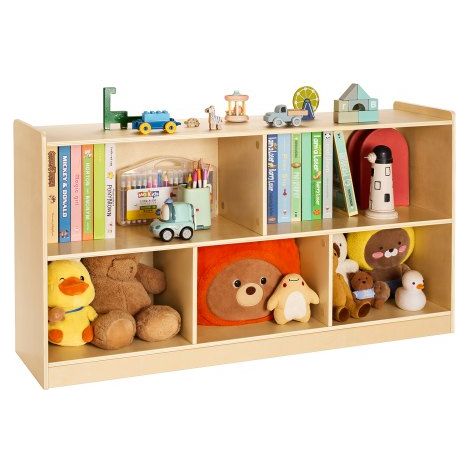 Librería Infantil, Estantería para Juguetes de 2 Niveles 1140 x 300 x 610 mm con 5 Compartimentos, Mueble de Almacenaje para Niños para Dormitorio, Habitación Infantil, Vitrina, Marrón Claro (1/5)