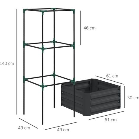 Bac à planter surélevé gris foncé avec treillis de soutien pour plantes grimpantes, fond ouvert, résistant aux intempéries, dimensions 61 × 61 × 140 cm (1/3)