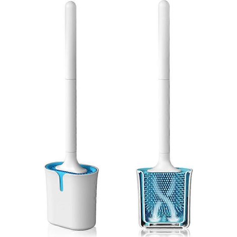 Ensemble brosse et support pour WC, brosse de cuvette en silicone, brosses de nettoyage pour WC - Blanc et bleu (1/5)