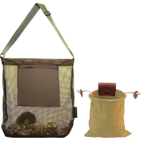 Ensemble de sac à champignons en toile cirée grand format avec pochette en filet et bandoulière réglable, pour la cueillette, la chasse et la récolte de fruits, marron. (1/5)