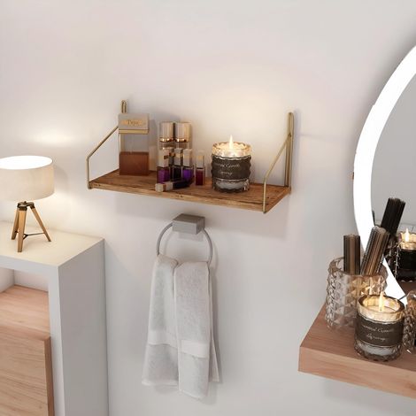 Étagère Murale en Bois Massif avec Supports en métal, 45 x 16 x 16 cm, capacité de 3 kg, Finition Unique dorée et Marron, Parfaite pour Une décoration d'intérieur élégante (1/5)