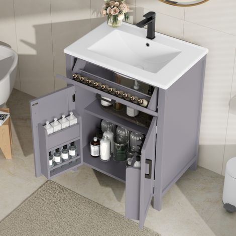 Meuble vasque salle de bain gris 60x46x84,8 cm sur pied, céramique intégrée, laqué, armoires double porte, tiroirs fonctionnels, étagères ajustables