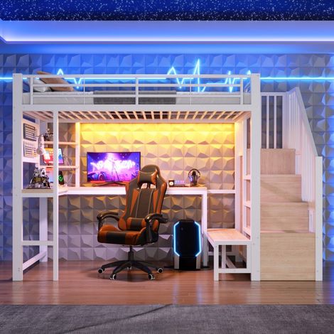 Lit Mezzanine 90x200cm - Lit Enfant Haut en Métal avec Bureau Panneau Perforé Escalier de Rangement LED et Prises USB - Blanc (1/5)