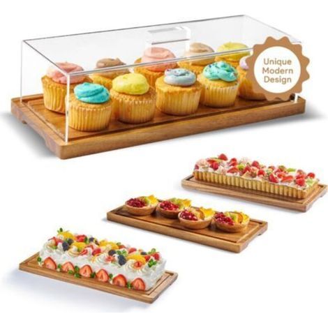 Présentoir à gâteaux avec couvercle – Présentoir à desserts en bois d'acacia et planche à charcuterie en bois pour gâteaux, pain, pâtisseries, fromage, grand plateau rectangulaire en bois, 15 x 6,25 p (1/5)