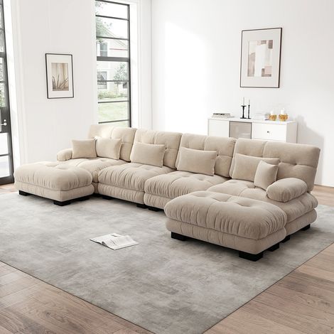 Canapé d'angle modulaire, en forme de U, quatre places, avec repose-pieds amovible, tissu chenille- Beige