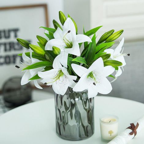 Bouquet de 6 lys blancs artificiels (37cm), fleurs réalistes pour décoration mariage, fête, maison, jardin. (1/5)