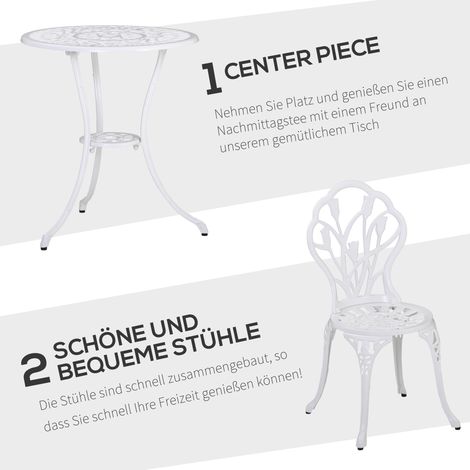 Ensemble repas 2 places, mobilier extérieur : 1 table ronde + 2 fauteuils avec emplacement parapluie, aluminium blanc (1/4)