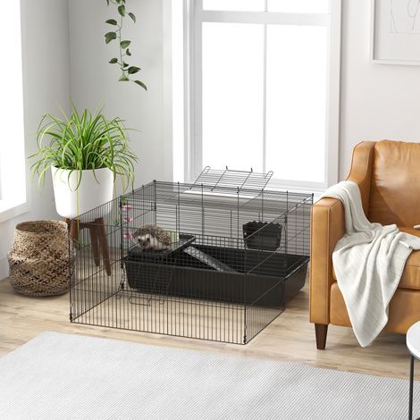 Gabbia per piccoli animali con recinto rimovibile, box con conigliera, accessori inclusi, colore nero.