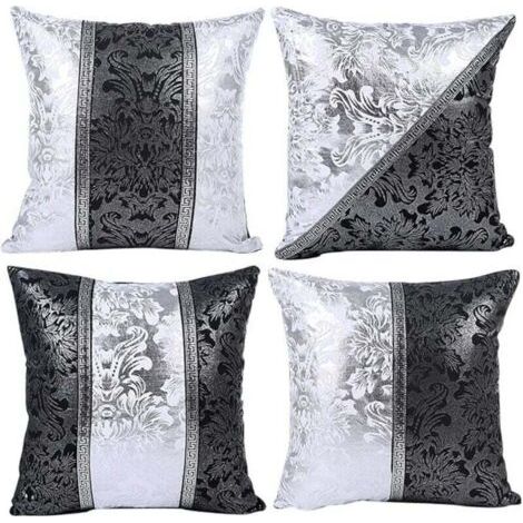 Housse de Coussin Licorne Géométrie Feuilles et Fleur Motif Taie d'oreiller pour Canapé Maison Salon Chambre Décoration D'intérieur, 45x45cm, Ensemble de 4 pièces(Porcelaine Noire et Blanche) (1/4)