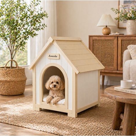 Casa para mascotas, diseño A Frame, confort con cojín extraíble, madera, crema blanco (1/5)