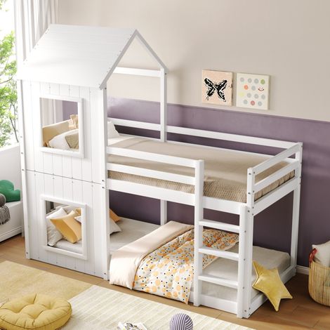 Letto a soppalco per bambini 90x200 cm in pino e MDF bianco con tetto, senza materasso (1/5)