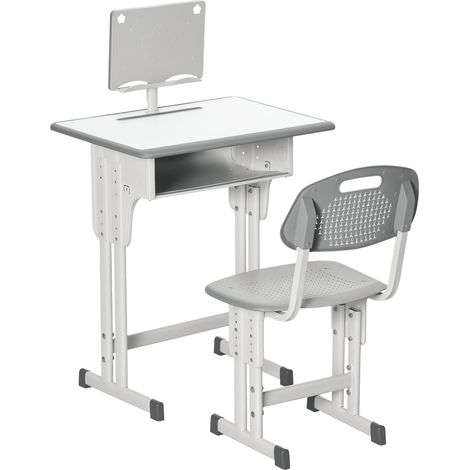 Bureau d'écolier avec chaise réglable en hauteur et lampe intégrée pour enfants de 6 à 12 ans, acier et MDF, gris (1/5)