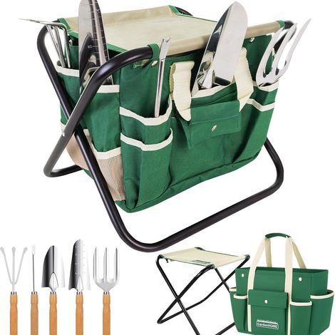 Kit de Jardinage 7 Pièces Vert – Outils en Acier Inoxydable avec Manches en Bois, Tabouret Pliant et Sac de Rangement en Toile, Idéal Débutants et Jardiniers Amateurs (1/5)