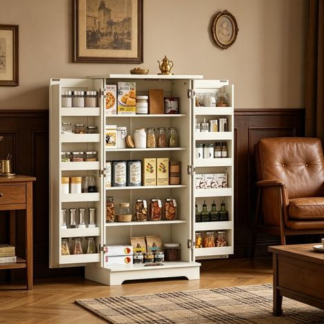 Amplio armario de cocina, despensa con compartimentos claramente organizados, elegante unidad de almacenamiento. (1/5)