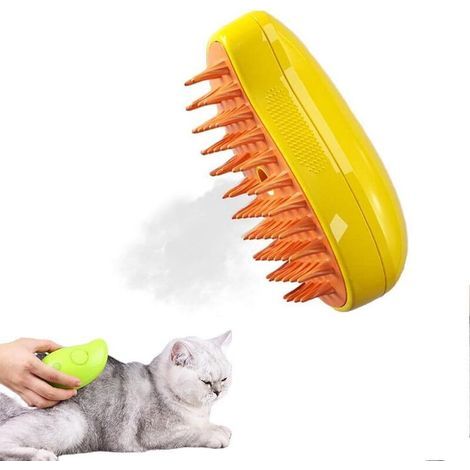 Cepillo de vapor 3 en 1 para gatos, cepillo de aseo multifuncional autolimpiante para gatos y perros, peine para pelo de mascotas, amarillo (1/4)