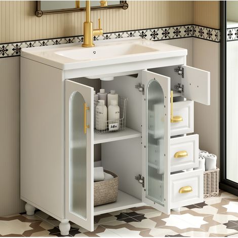 Meuble sous vasque 80 cm blanc avec vasque en porcelaine, 2 portes, 3 tiroirs, poignées métal, MDF (1/5)