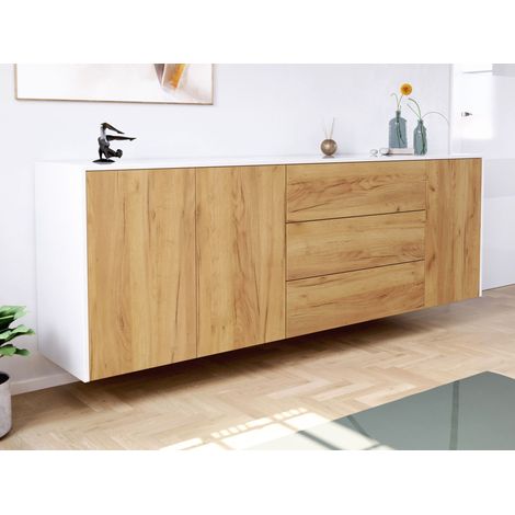 Sideboard Silia B hängend 200cm 3 Türen 3 Pushauszüge Weiß Hgl Eiche