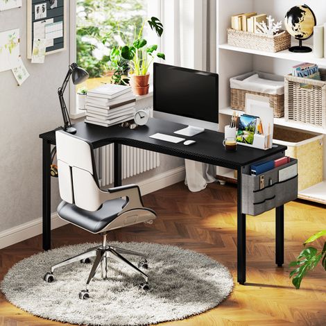 L-Shaped Black Desk with Adjustable Feet for Corner Spaces, Spacious Design for Dual Monitors and Storage Options