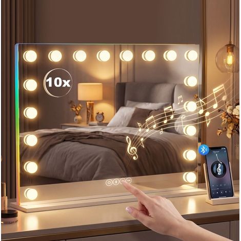 Miroir Hollywood blanc 18 LED réglables, RGB, Bluetooth et grossissement 10x (1/5)