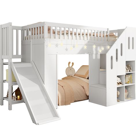 Lit mezzanine enfant 90x200 cm avec toboggan, escalier de rangement, LED et espace de rangement, bois blanc, pour chambre enfant - CHICFURN (1/5)