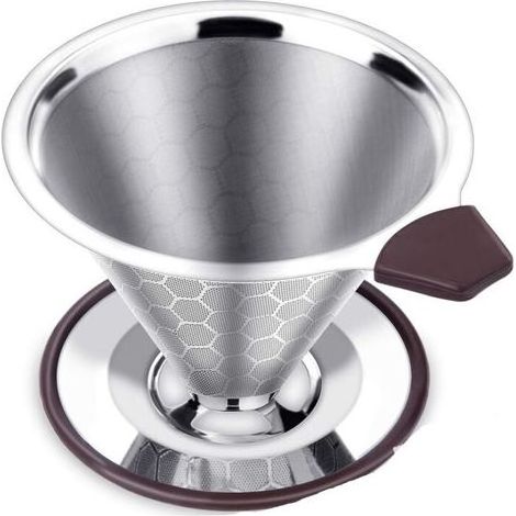 Filtre à café permanent en acier inoxydable, filtre à café sans papier, adapté à l'infusion manuelle, bac d'égouttement réutilisable, avec double maille en acier inoxydable et poignée en silicone. (1/5)