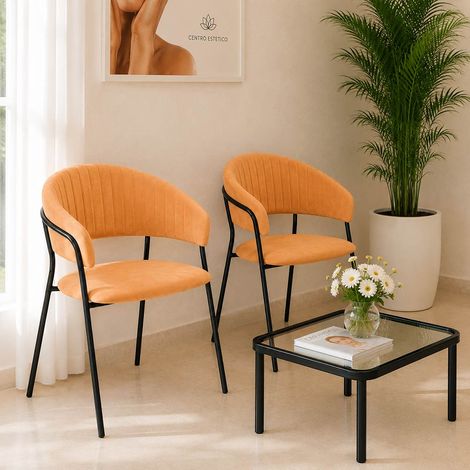 Lot de 2 chaises de salle à manger Aurelia en velours orange avec pieds noirs (1/5)
