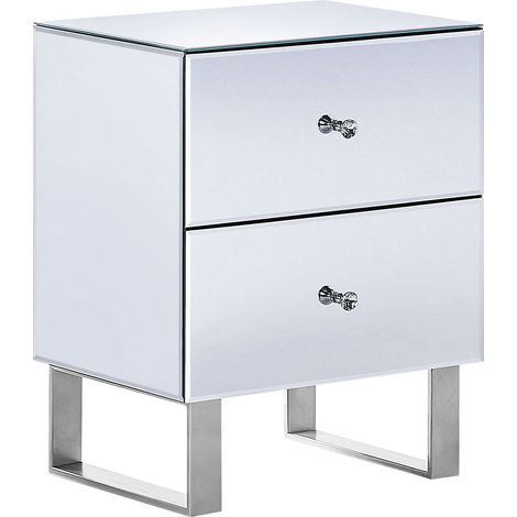Comodino specchiato 2 cassetti argento cristallo struttura e pomelli in metallo Nesle