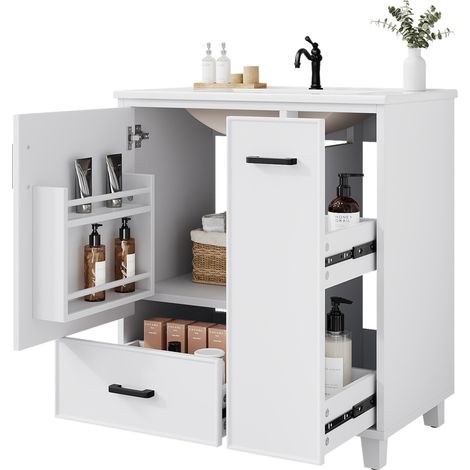 Meuble sous-vasque blanc 76,5 x 47 x 82 cm avec vasque céramique intégrée, 2 tiroirs, rangement latéral à double niveau, style moderne pour salle de bain - CHICFURN (1/5)