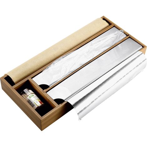 Distributeur de film alimentaire en bambou 42 x 19 cm – 3 compartiments avec couvercles inox – Coupe rapide sans ciseaux – Kesper