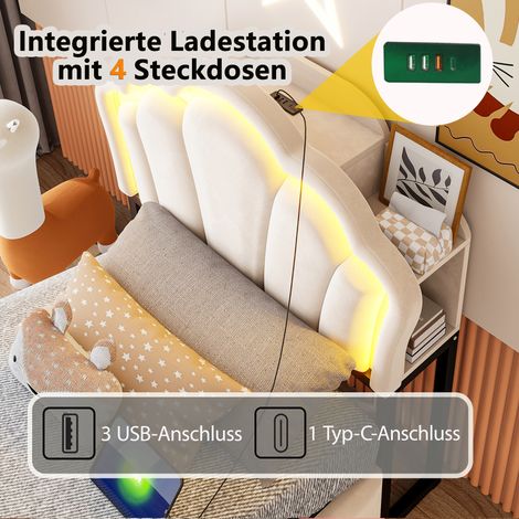 Lit capitonné 90x200cm avec coffre hydraulique, éclairage LED intégré, tête de lit à rangements compartimentés, tissu velours motif fleuri, prises électriques, beige (1/5)